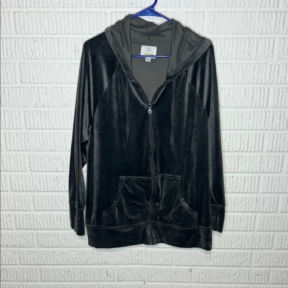 Offline By Aerie Dark Gray Velvet Zip Up Hoodie